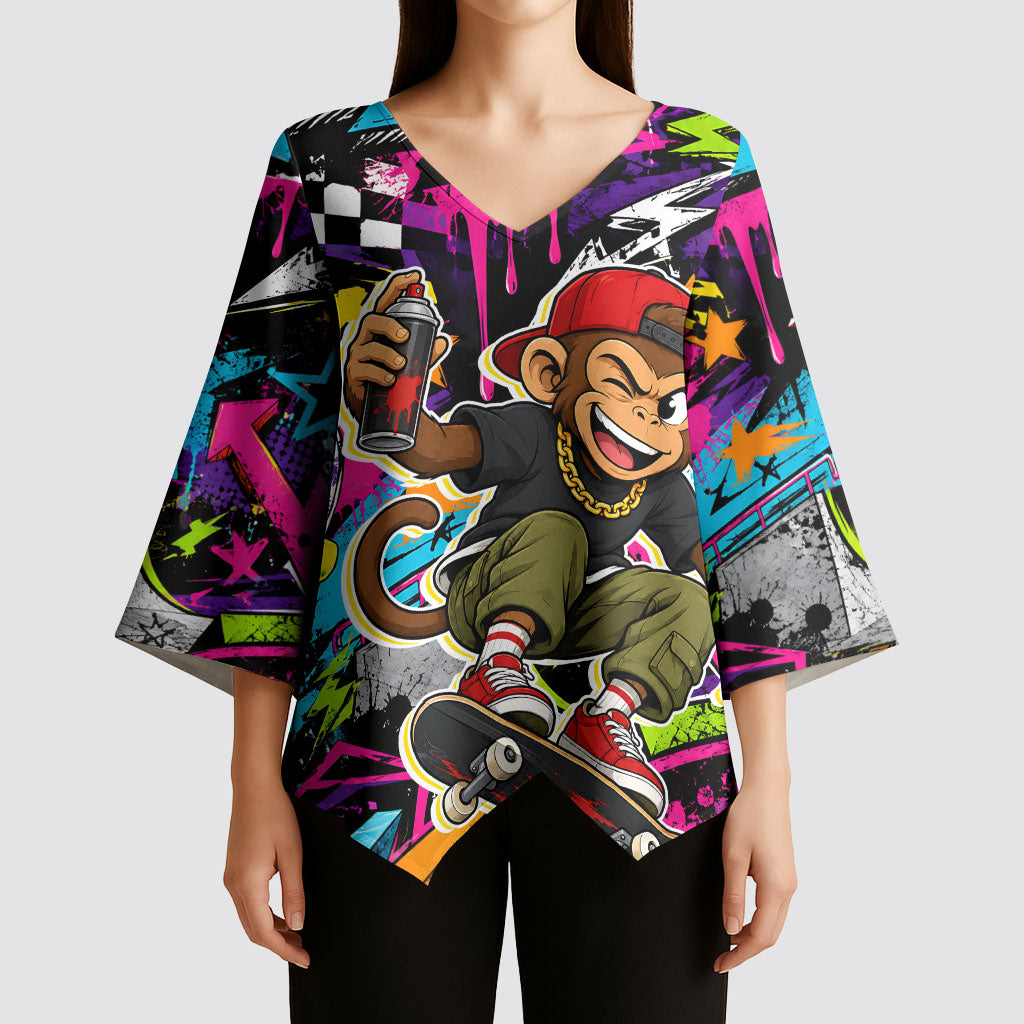 Skateboarding Monkey Kimono Sleeve Blouse Neon Graffiti Spray Paint Urban Streetwear Art