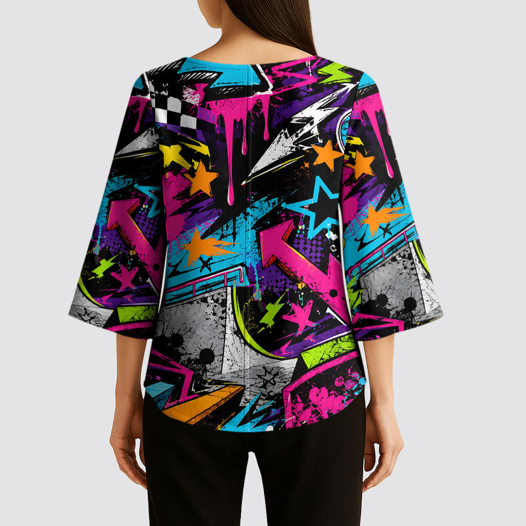 Skateboarding Monkey Kimono Sleeve Blouse Neon Graffiti Spray Paint Urban Streetwear Art