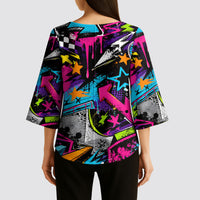 Skateboarding Monkey Kimono Sleeve Blouse Neon Graffiti Spray Paint Urban Streetwear Art