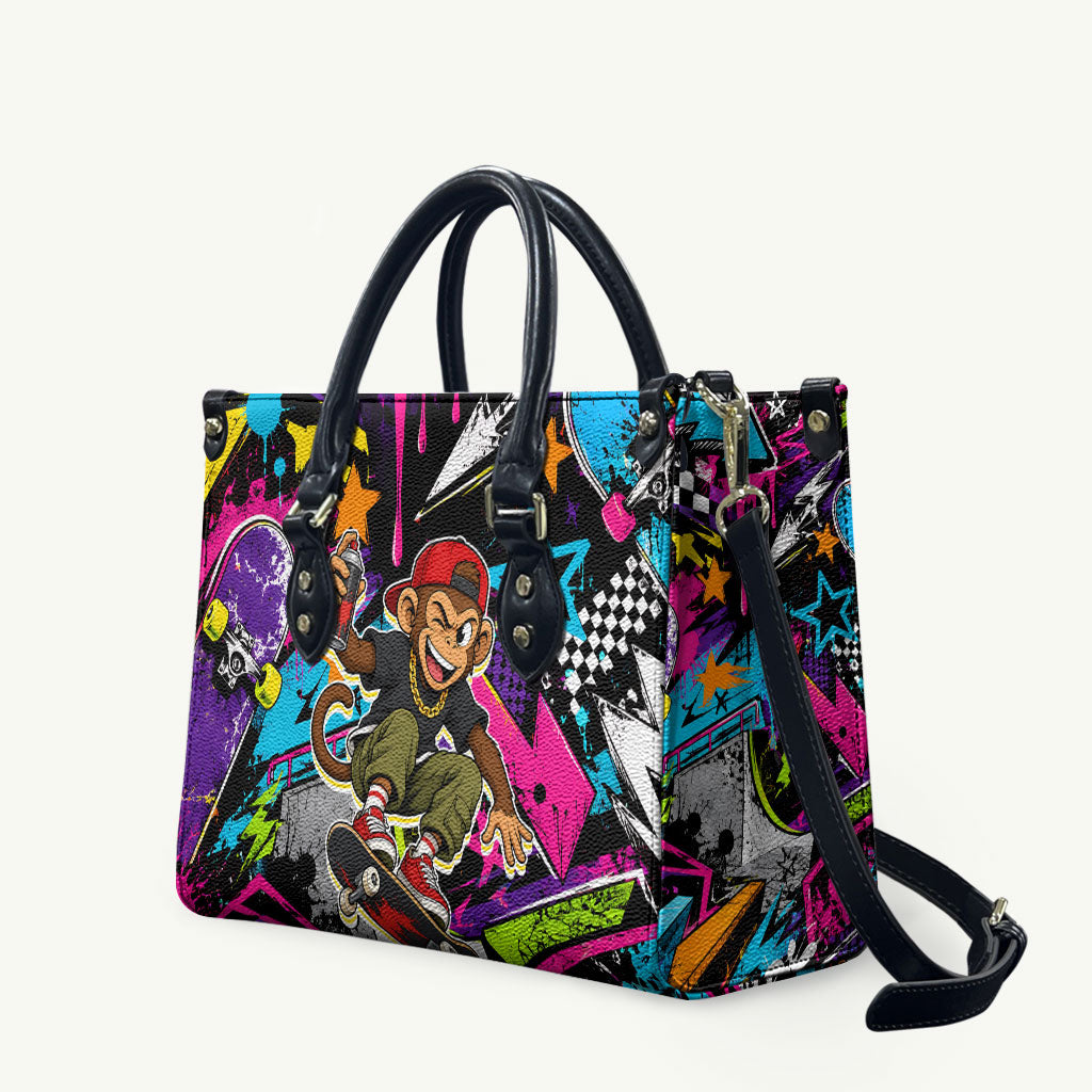 Skateboarding Monkey Leather Bag Neon Graffiti Spray Paint Urban Streetwear Art