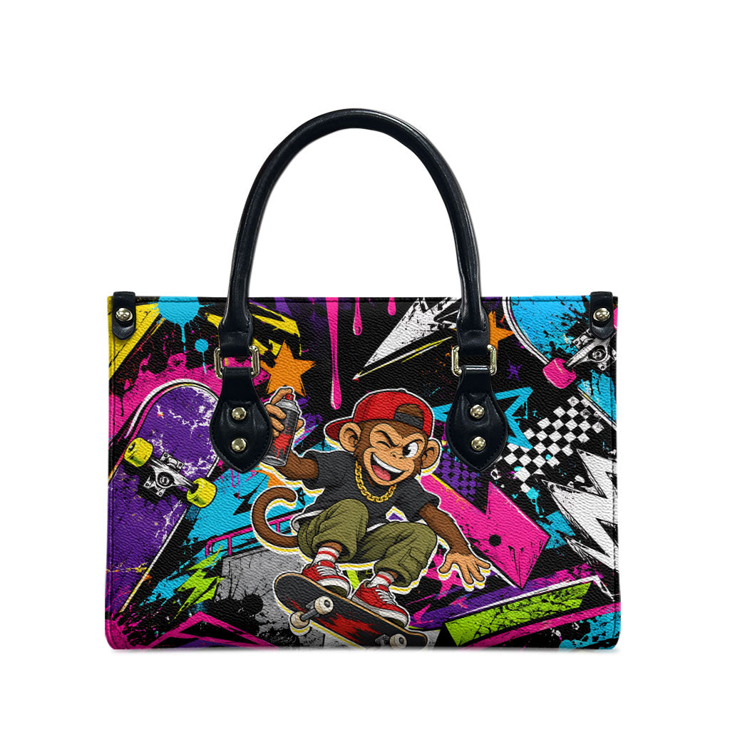 Skateboarding Monkey Leather Bag Neon Graffiti Spray Paint Urban Streetwear Art