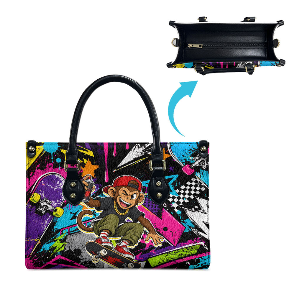 Skateboarding Monkey Leather Bag Neon Graffiti Spray Paint Urban Streetwear Art