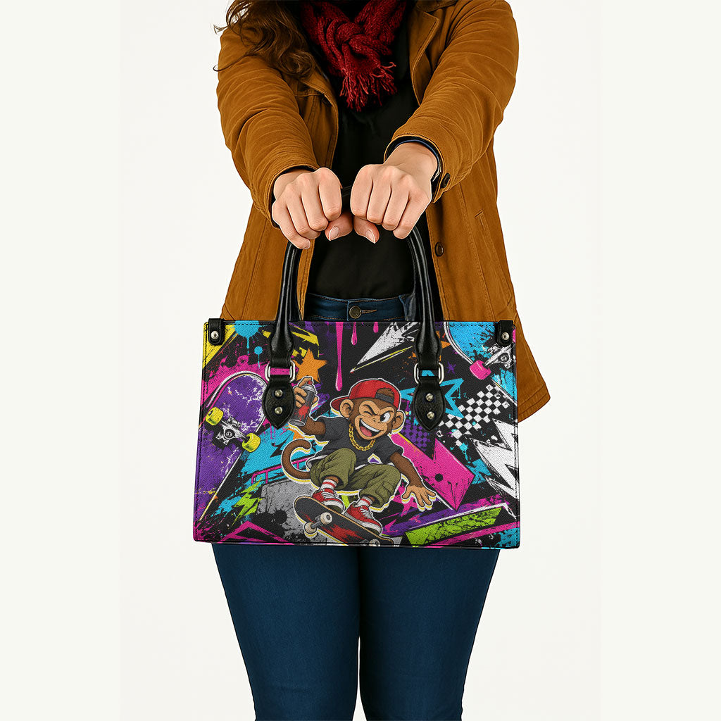 Skateboarding Monkey Leather Bag Neon Graffiti Spray Paint Urban Streetwear Art