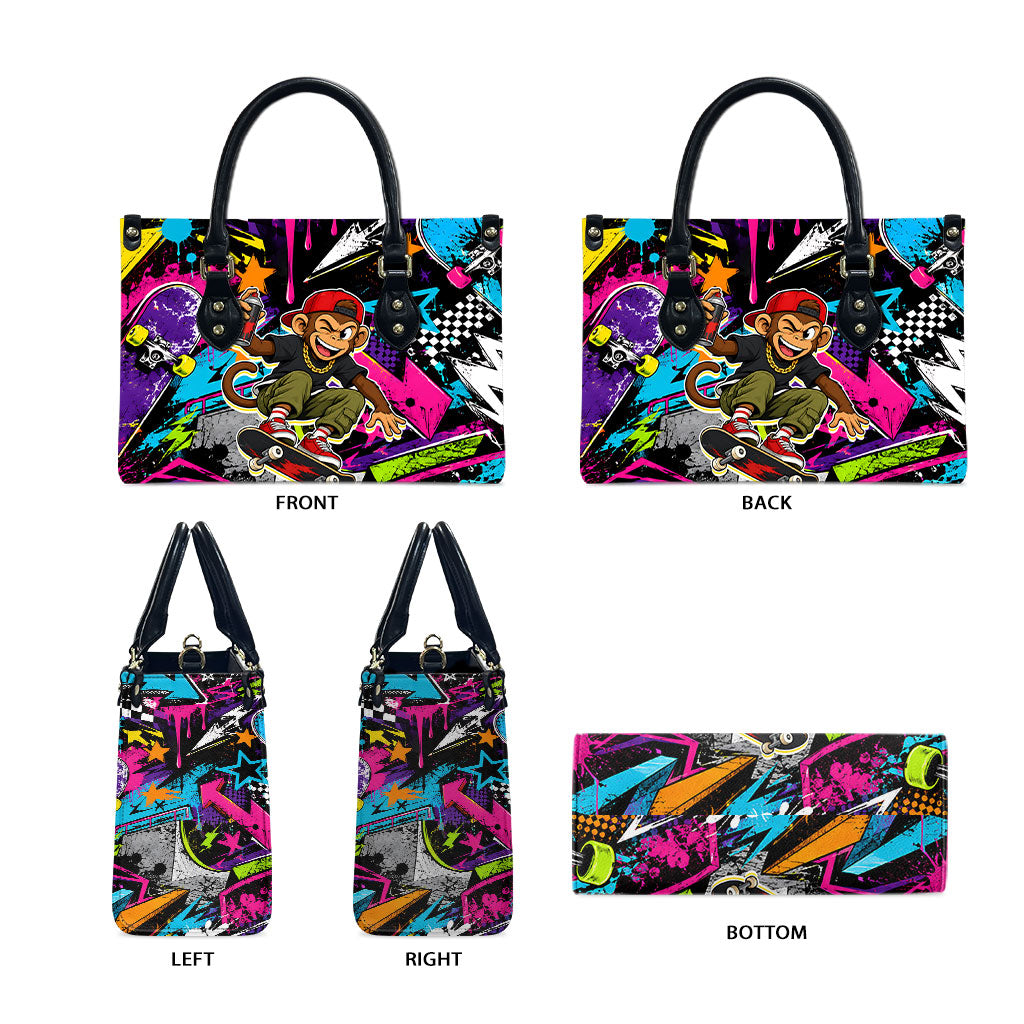 Skateboarding Monkey Leather Bag Neon Graffiti Spray Paint Urban Streetwear Art