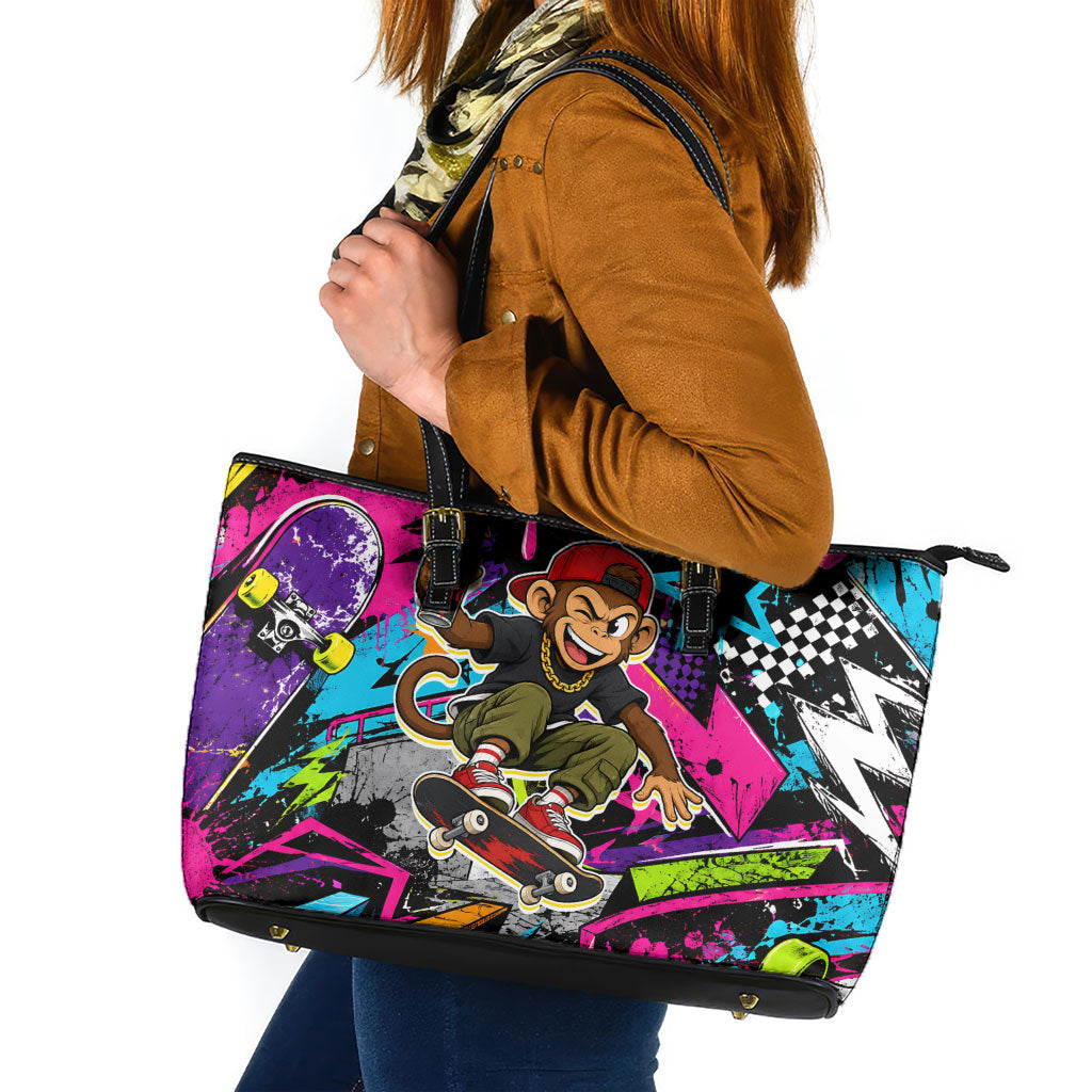 Skateboarding Monkey Leather Tote Bag Neon Graffiti Spray Paint Urban Streetwear Art