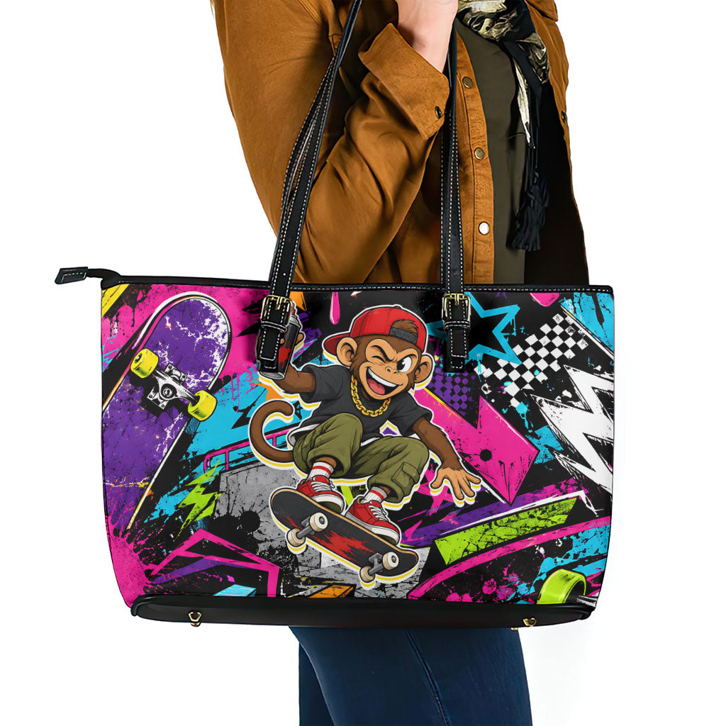 Skateboarding Monkey Leather Tote Bag Neon Graffiti Spray Paint Urban Streetwear Art