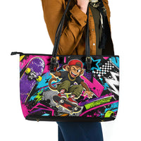 Skateboarding Monkey Leather Tote Bag Neon Graffiti Spray Paint Urban Streetwear Art