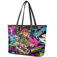 Skateboarding Monkey Leather Tote Bag Neon Graffiti Spray Paint Urban Streetwear Art