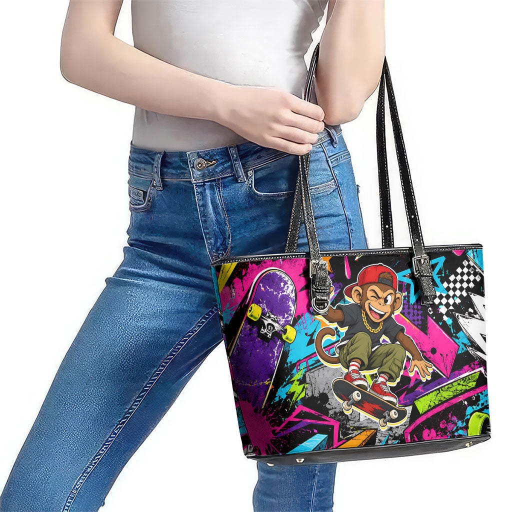 Skateboarding Monkey Leather Tote Bag Neon Graffiti Spray Paint Urban Streetwear Art