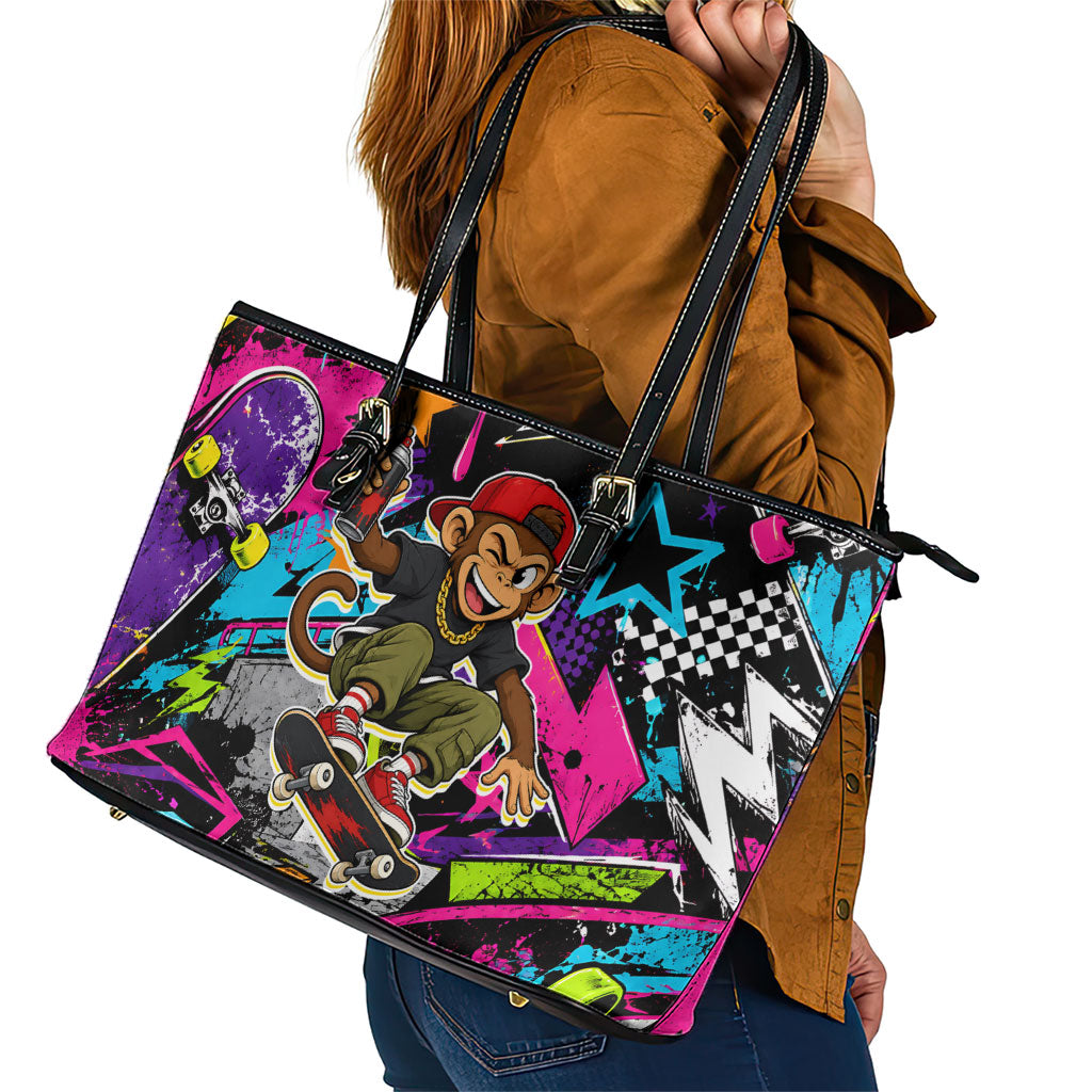 Skateboarding Monkey Leather Tote Bag Neon Graffiti Spray Paint Urban Streetwear Art