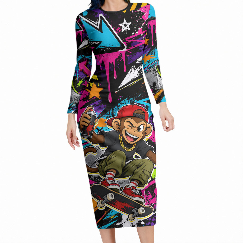 Skateboarding Monkey Long Sleeve Bodycon Dress Neon Graffiti Spray Paint Urban Streetwear Art