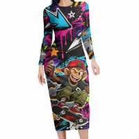 Skateboarding Monkey Long Sleeve Bodycon Dress Neon Graffiti Spray Paint Urban Streetwear Art