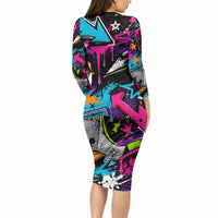 Skateboarding Monkey Long Sleeve Bodycon Dress Neon Graffiti Spray Paint Urban Streetwear Art