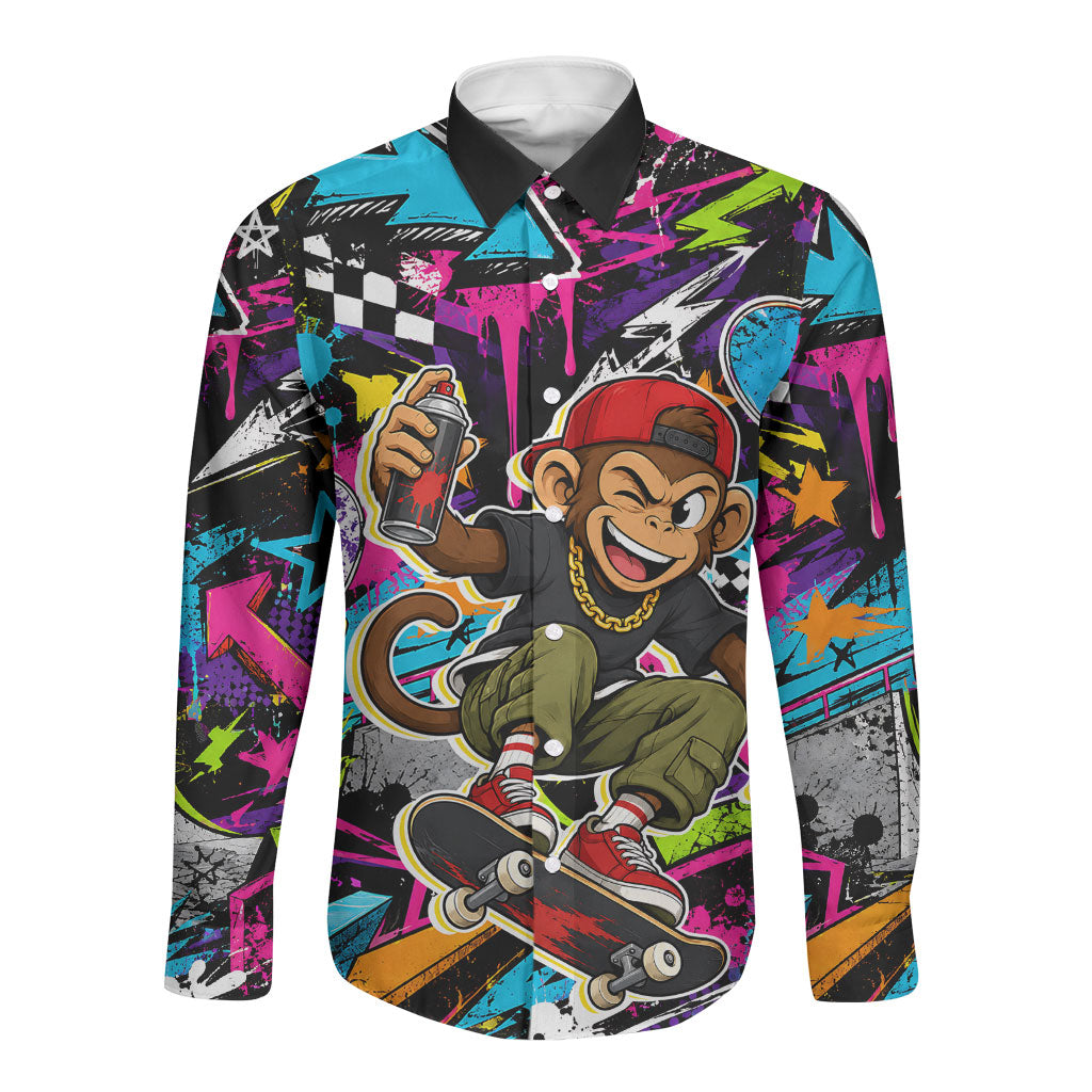 Skateboarding Monkey Long Sleeve Button Shirt Neon Graffiti Spray Paint Urban Streetwear Art