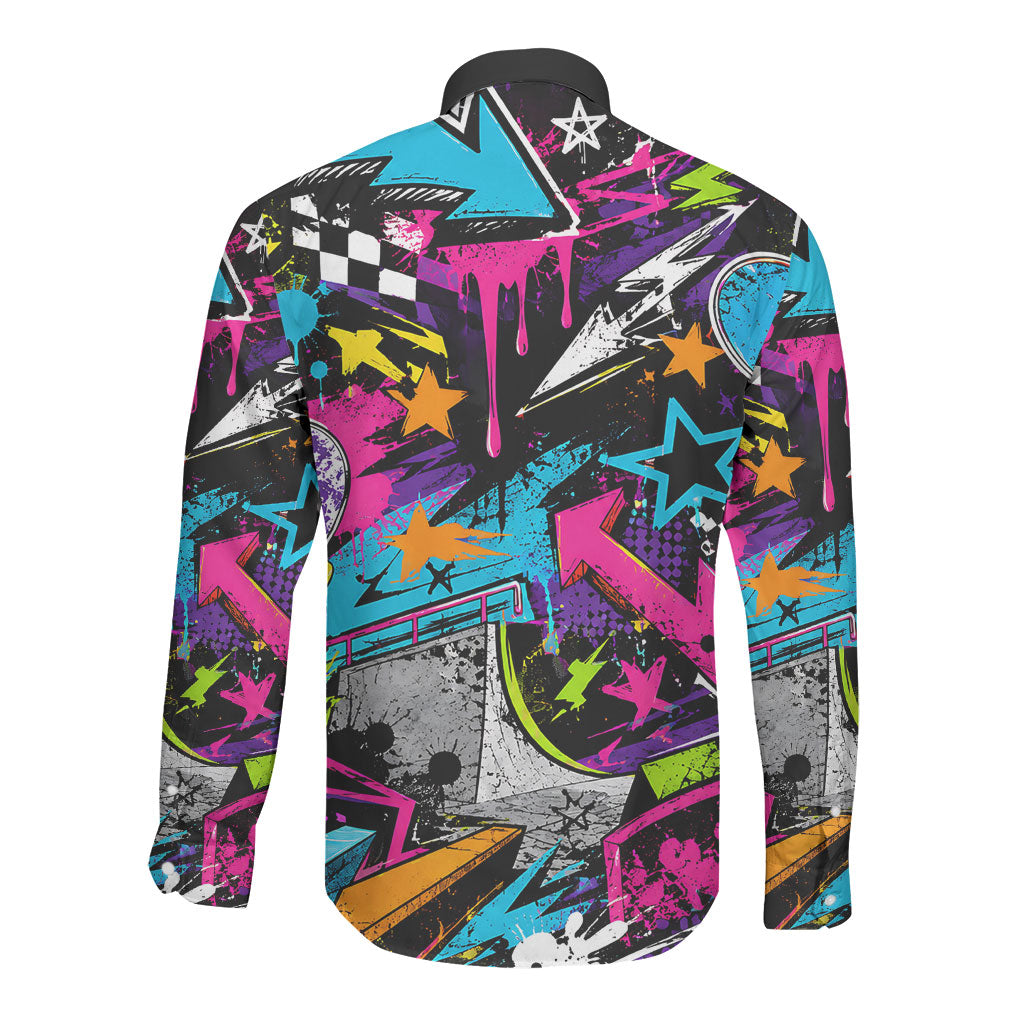 Skateboarding Monkey Long Sleeve Button Shirt Neon Graffiti Spray Paint Urban Streetwear Art