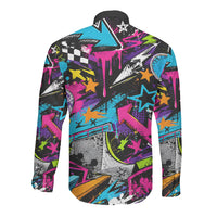 Skateboarding Monkey Long Sleeve Button Shirt Neon Graffiti Spray Paint Urban Streetwear Art