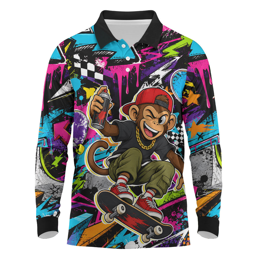 Skateboarding Monkey Long Sleeve Polo Shirt Neon Graffiti Spray Paint Urban Streetwear Art