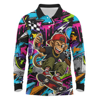 Skateboarding Monkey Long Sleeve Polo Shirt Neon Graffiti Spray Paint Urban Streetwear Art