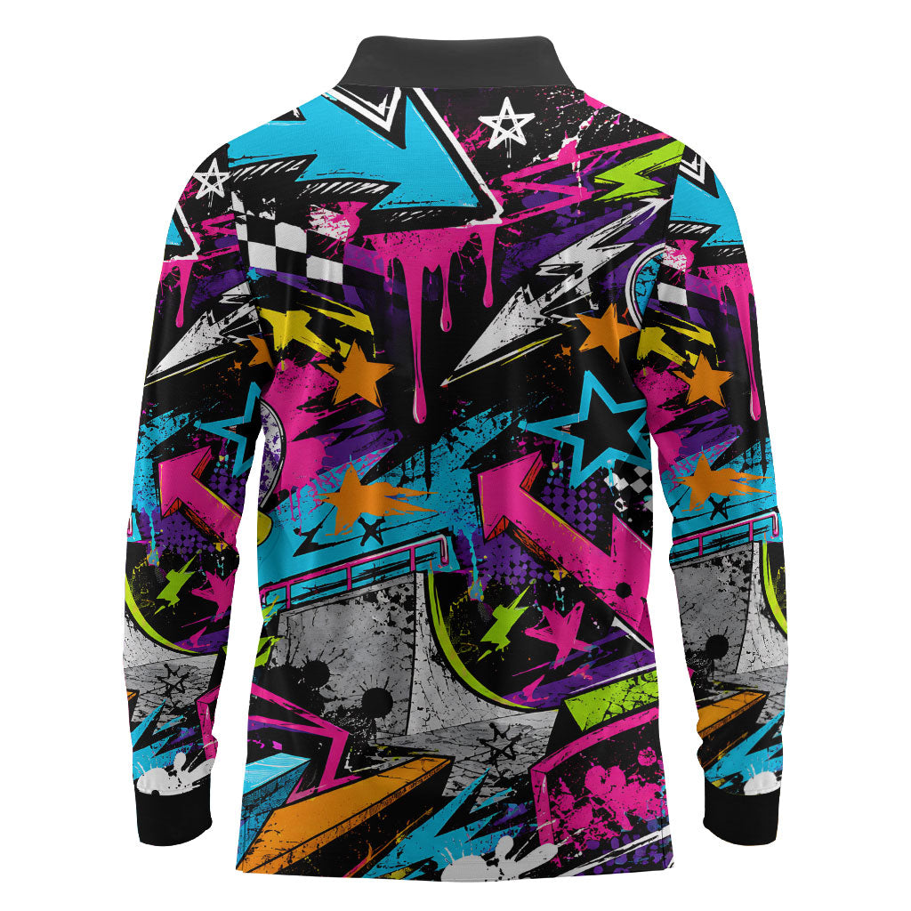 Skateboarding Monkey Long Sleeve Polo Shirt Neon Graffiti Spray Paint Urban Streetwear Art
