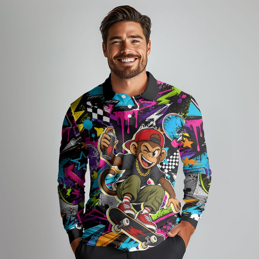 Skateboarding Monkey Long Sleeve Polo Shirt Neon Graffiti Spray Paint Urban Streetwear Art