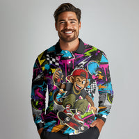 Skateboarding Monkey Long Sleeve Polo Shirt Neon Graffiti Spray Paint Urban Streetwear Art
