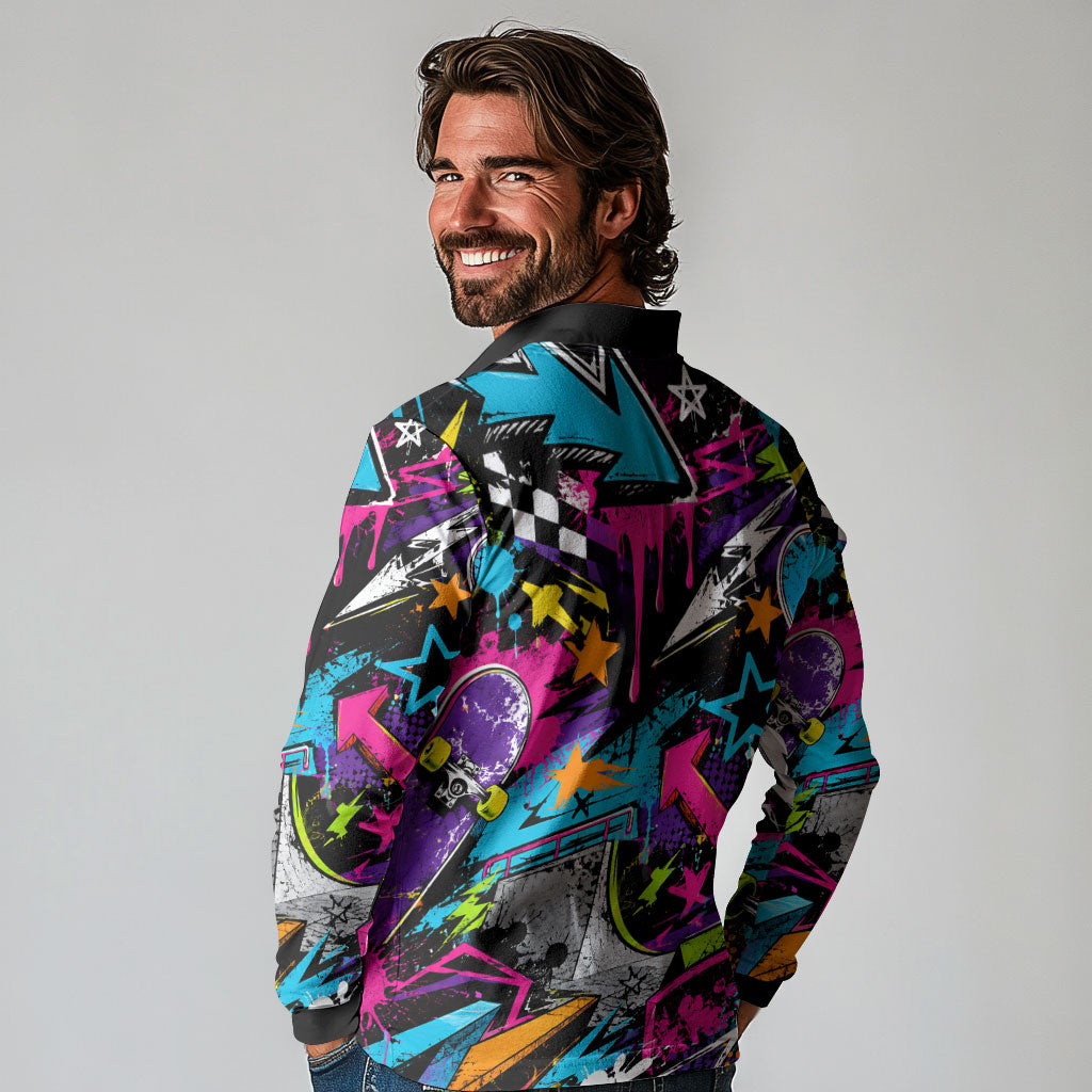 Skateboarding Monkey Long Sleeve Polo Shirt Neon Graffiti Spray Paint Urban Streetwear Art