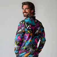Skateboarding Monkey Long Sleeve Polo Shirt Neon Graffiti Spray Paint Urban Streetwear Art