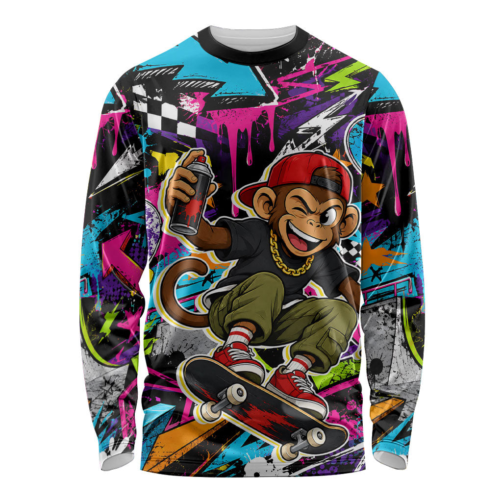 Skateboarding Monkey Long Sleeve Shirt Neon Graffiti Spray Paint Urban Streetwear Art