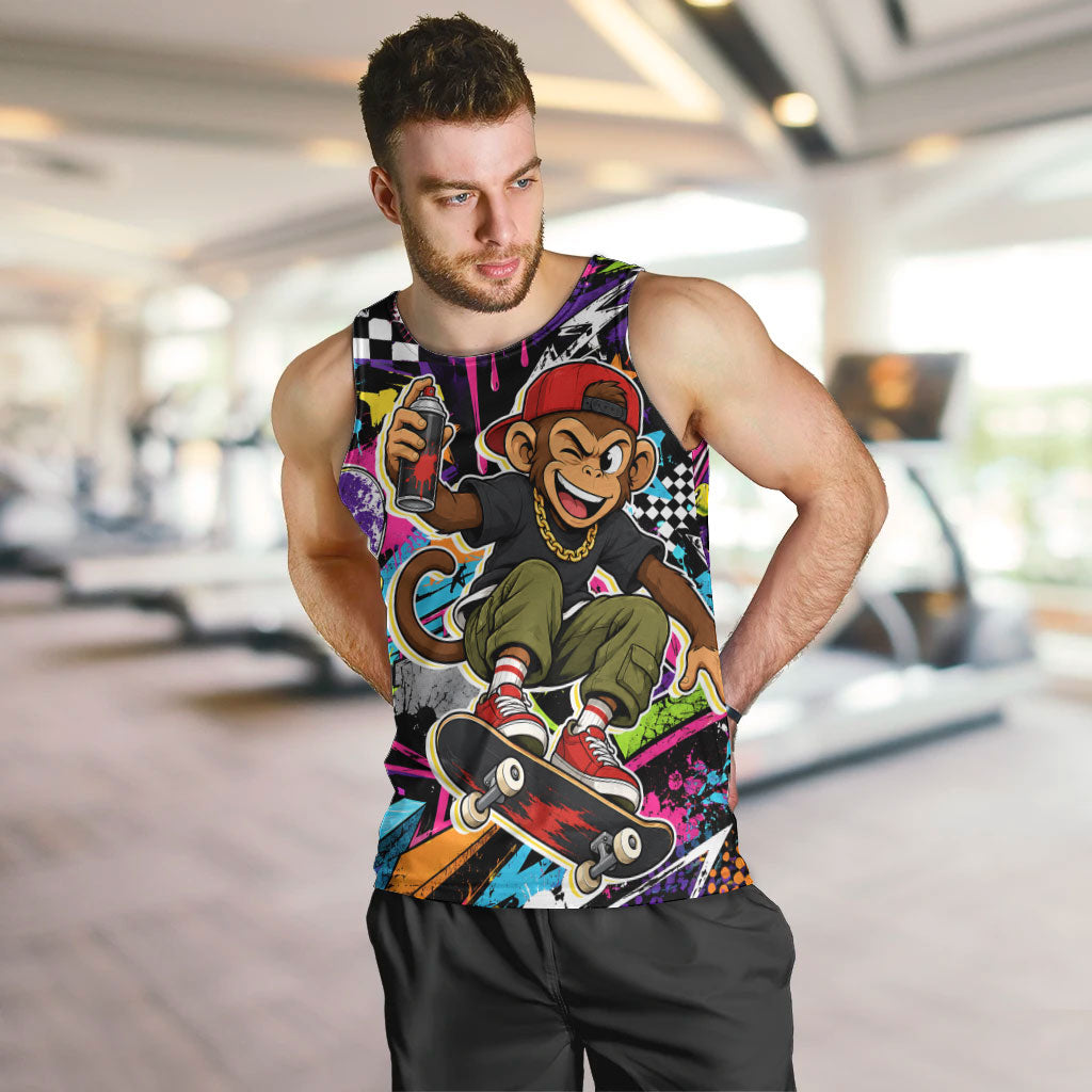 Skateboarding Monkey Men Tank Top Neon Graffiti Spray Paint Urban Streetwear Art