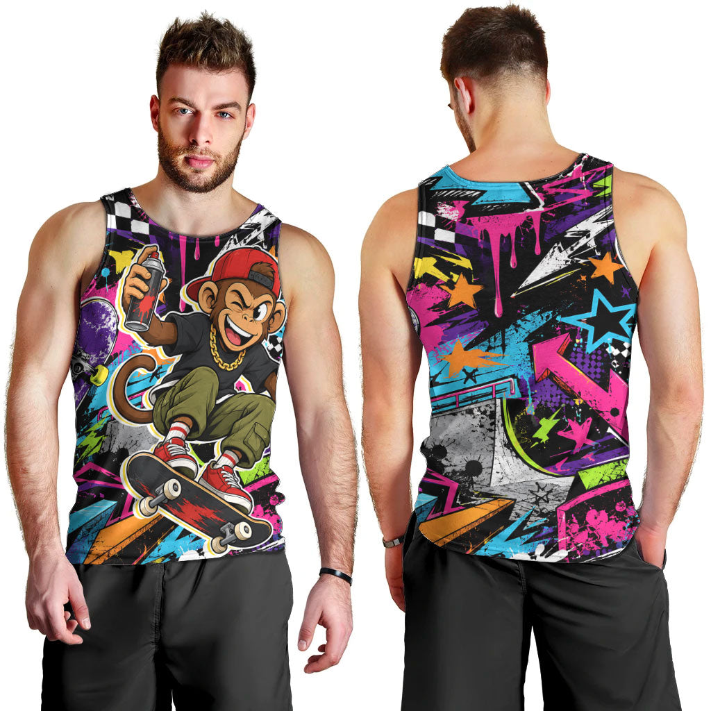 Skateboarding Monkey Men Tank Top Neon Graffiti Spray Paint Urban Streetwear Art
