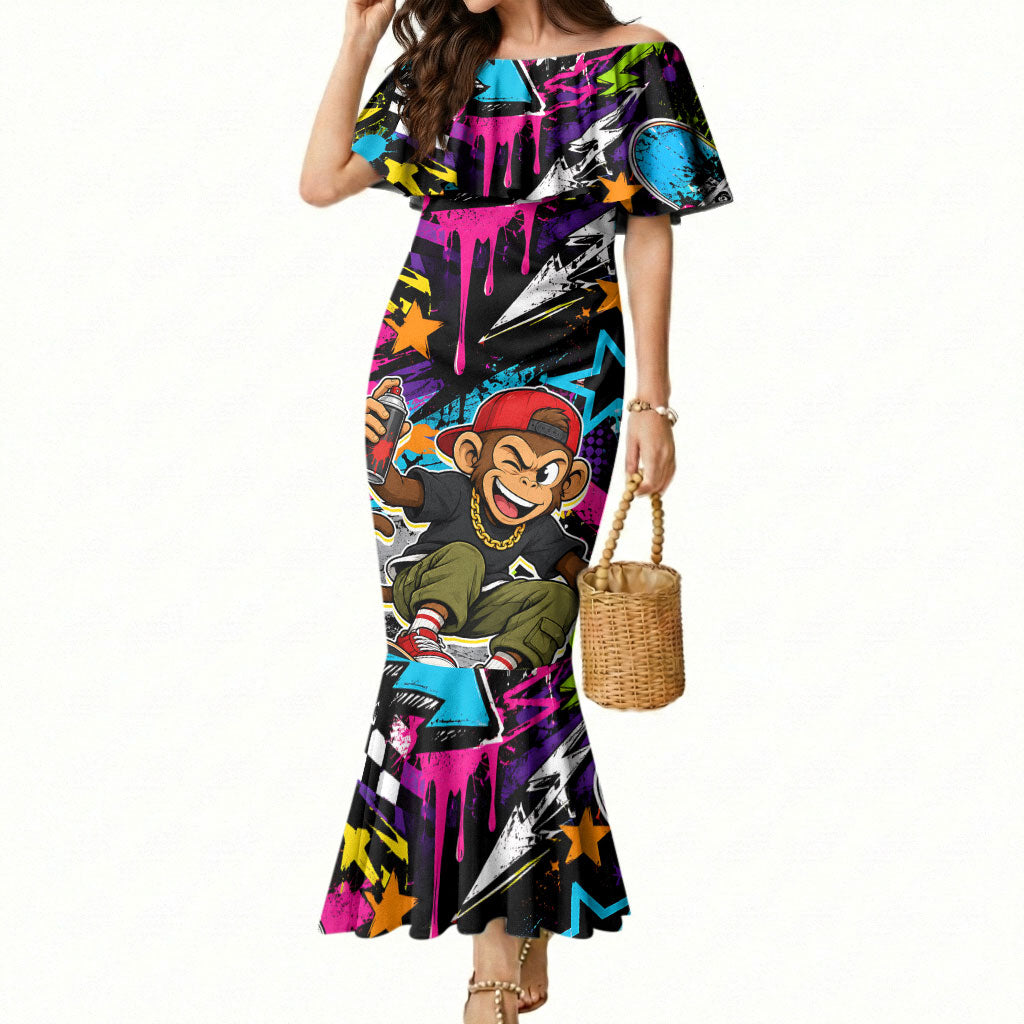 Skateboarding Monkey Mermaid Dress Neon Graffiti Spray Paint Urban Streetwear Art