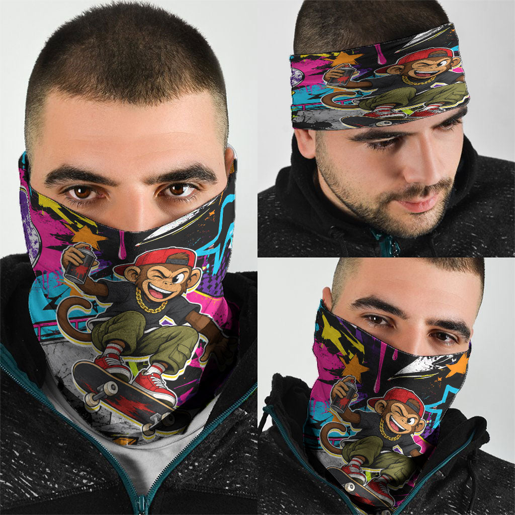 Skateboarding Monkey Neck Gaiter Neon Graffiti Spray Paint Urban Streetwear Art