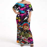 Skateboarding Monkey Off Shoulder Maxi Dress Neon Graffiti Spray Paint Urban Streetwear Art