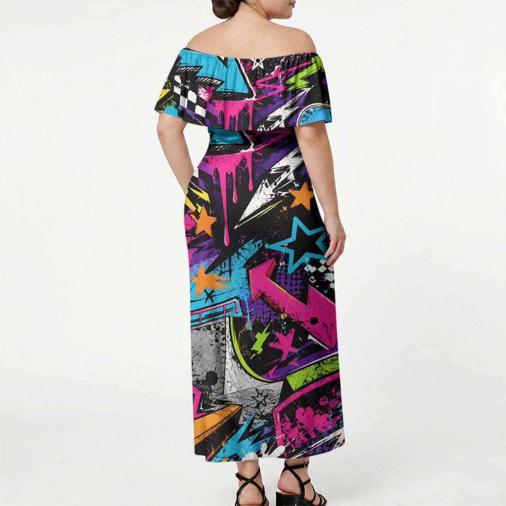 Skateboarding Monkey Off Shoulder Maxi Dress Neon Graffiti Spray Paint Urban Streetwear Art