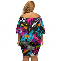Skateboarding Monkey Off Shoulder Short Dress Neon Graffiti Spray Paint Urban Streetwear Art