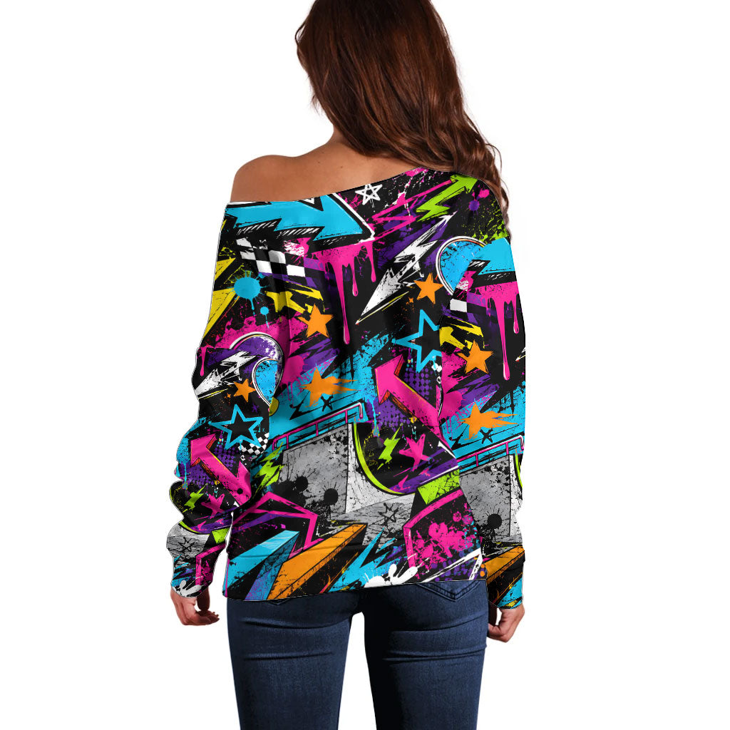 Skateboarding Monkey Off Shoulder Sweater Neon Graffiti Spray Paint Urban Streetwear Art