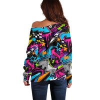 Skateboarding Monkey Off Shoulder Sweater Neon Graffiti Spray Paint Urban Streetwear Art