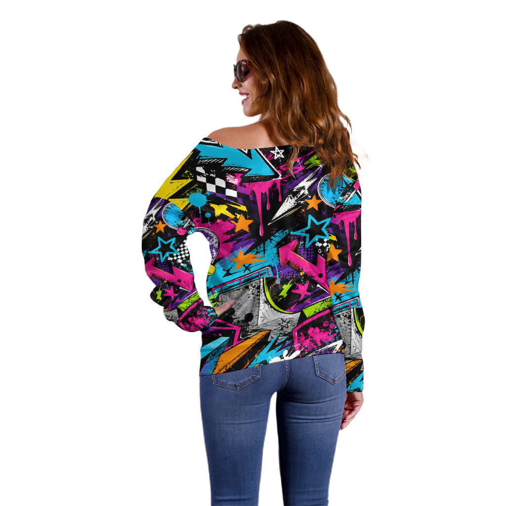 Skateboarding Monkey Off Shoulder Sweater Neon Graffiti Spray Paint Urban Streetwear Art