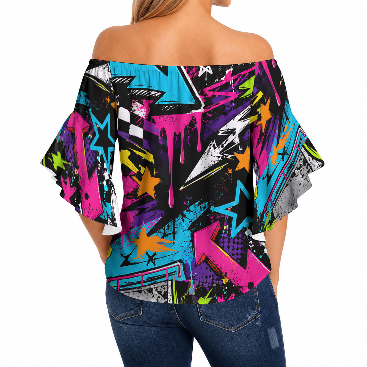 Skateboarding Monkey Off Shoulder Wrap Waist Top Neon Graffiti Spray Paint Urban Streetwear Art