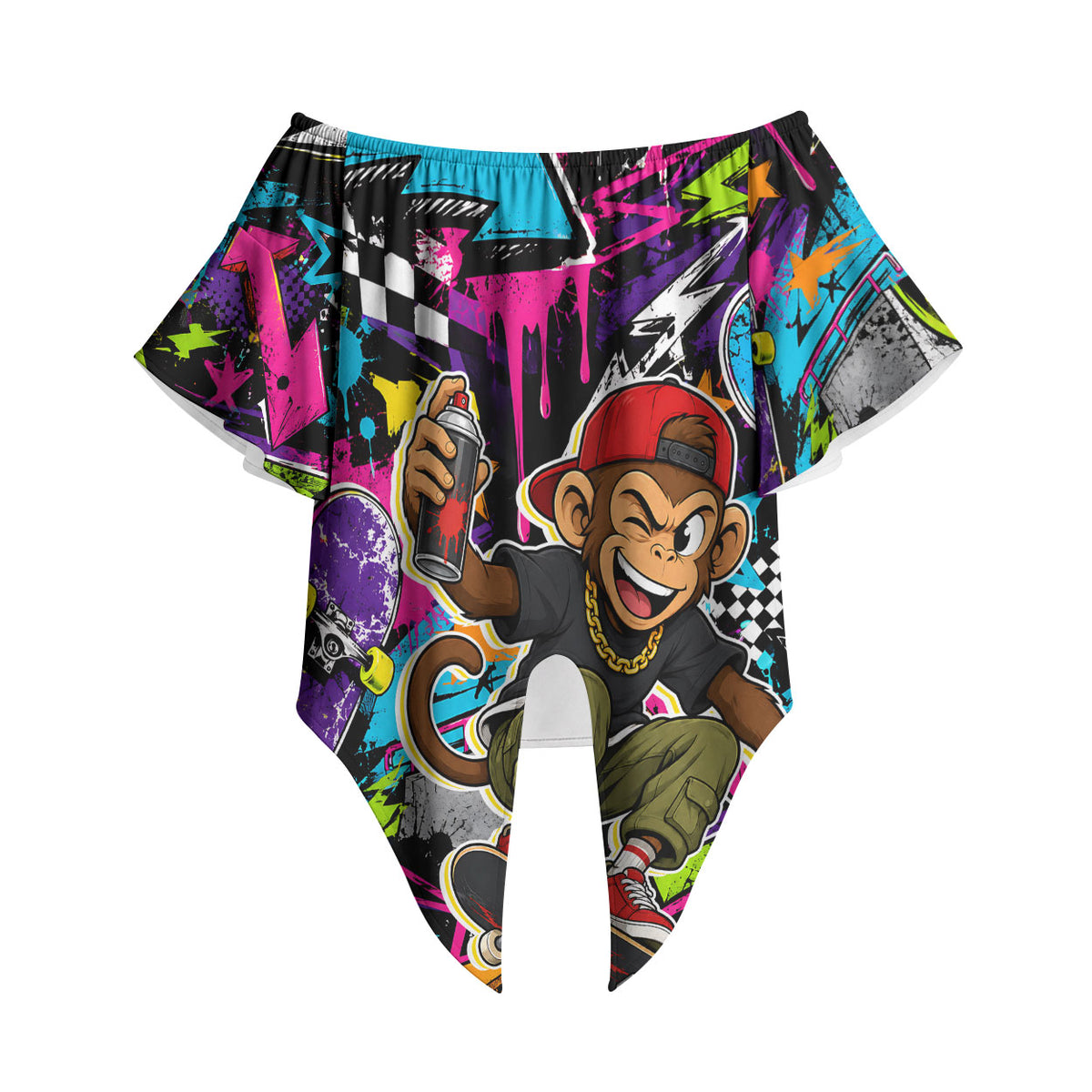 Skateboarding Monkey Off Shoulder Wrap Waist Top Neon Graffiti Spray Paint Urban Streetwear Art