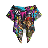 Skateboarding Monkey Off Shoulder Wrap Waist Top Neon Graffiti Spray Paint Urban Streetwear Art