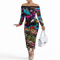 Skateboarding Monkey Off The Shoulder Long Sleeve Dress Neon Graffiti Spray Paint Urban Streetwear Art