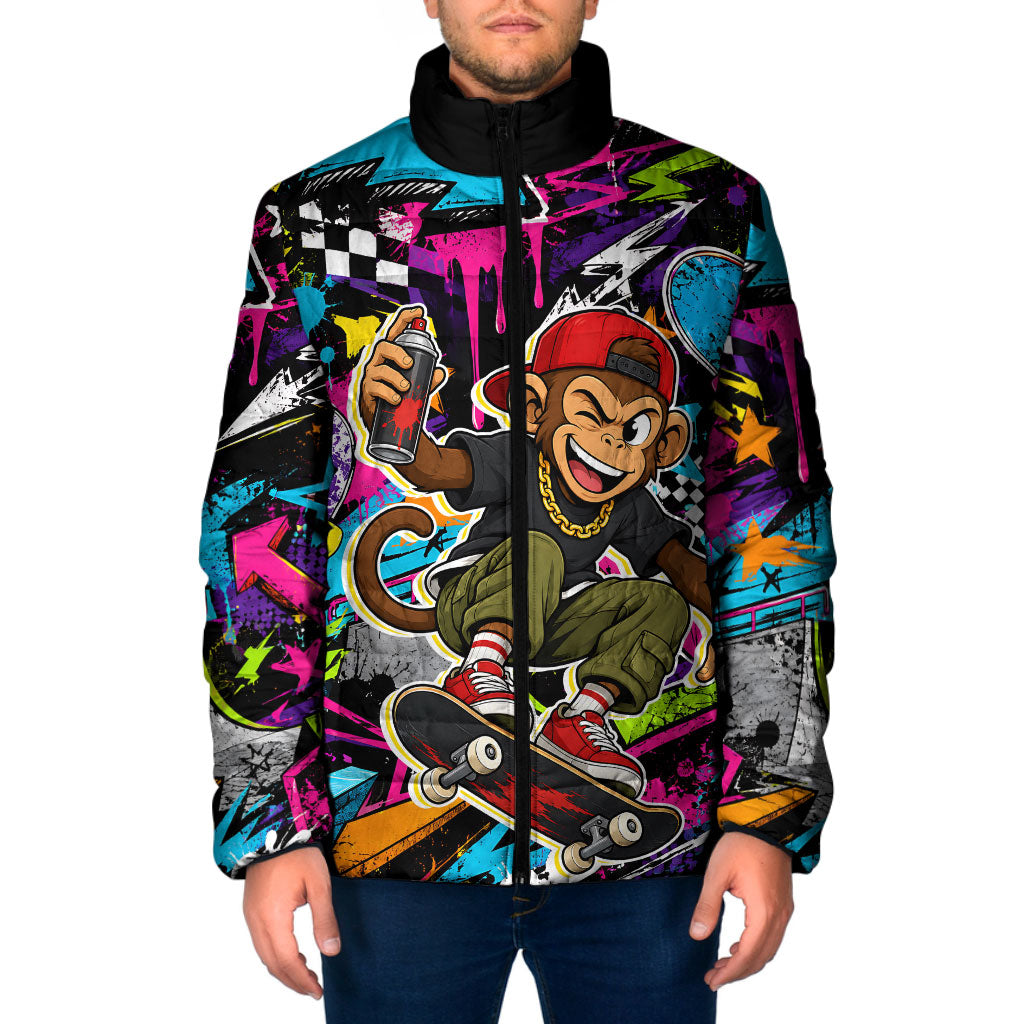 Skateboarding Monkey Padded Jacket Neon Graffiti Spray Paint Urban Streetwear Art