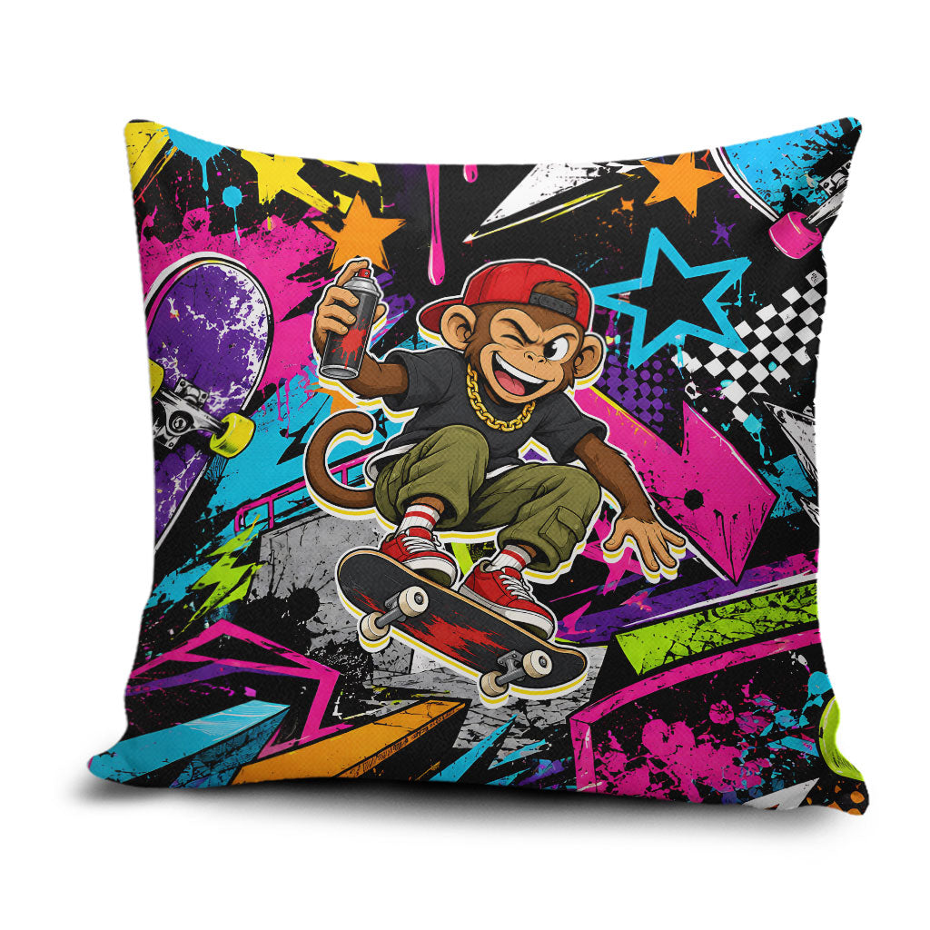 Skateboarding Monkey Pillow Cover Neon Graffiti Spray Paint Urban Streetwear Art