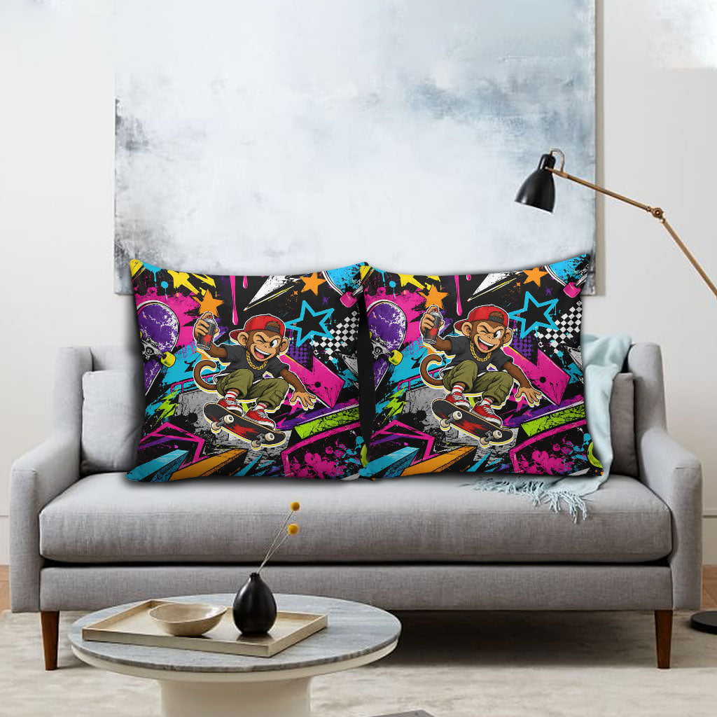 Skateboarding Monkey Pillow Cover Neon Graffiti Spray Paint Urban Streetwear Art
