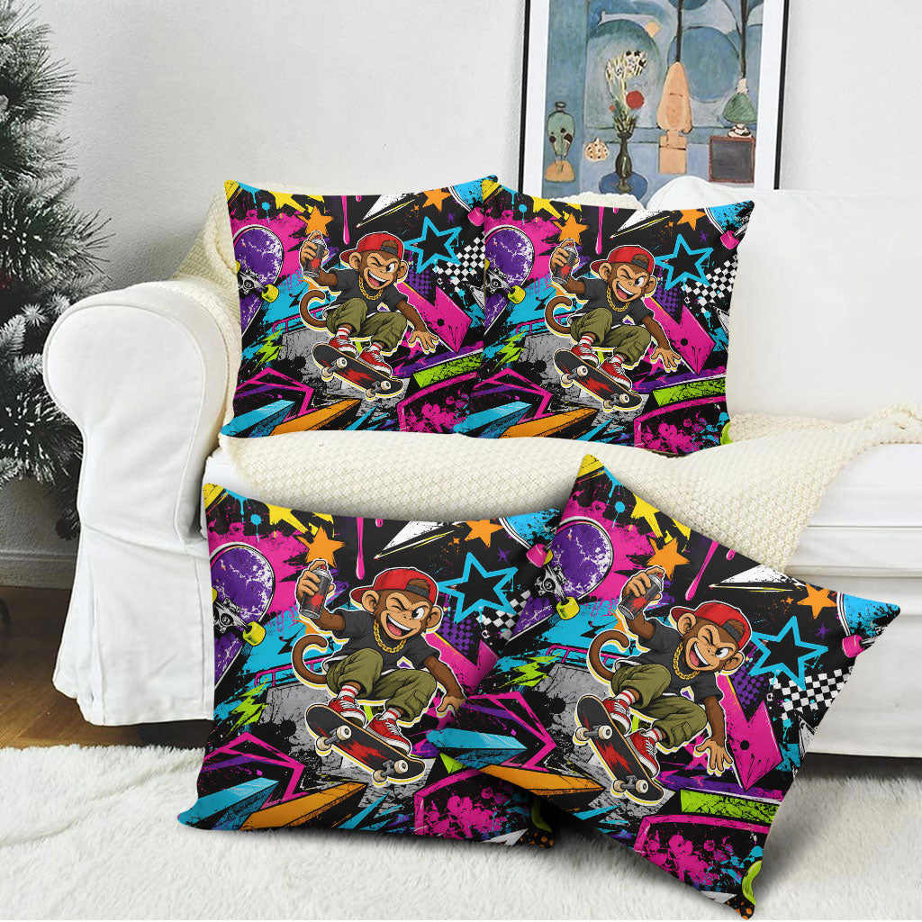 Skateboarding Monkey Pillow Cover Neon Graffiti Spray Paint Urban Streetwear Art