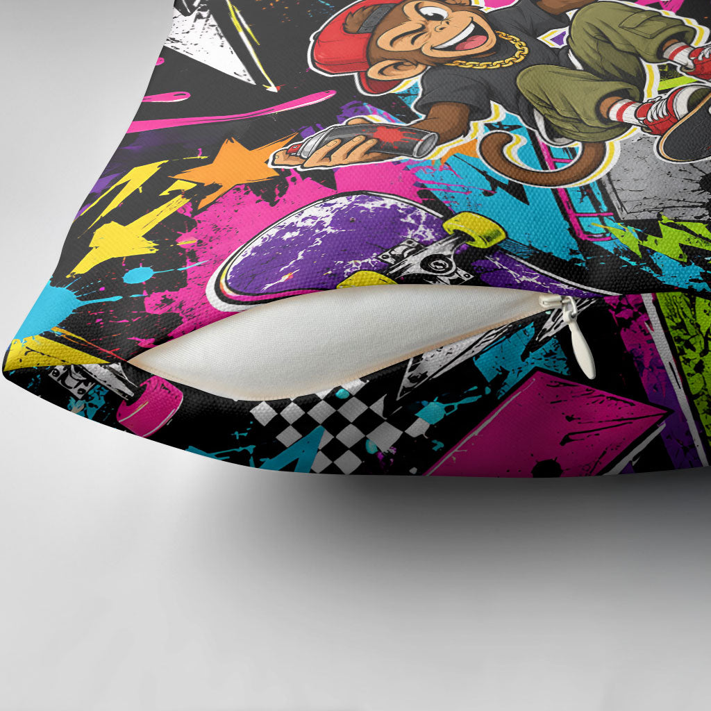 Skateboarding Monkey Pillow Cover Neon Graffiti Spray Paint Urban Streetwear Art