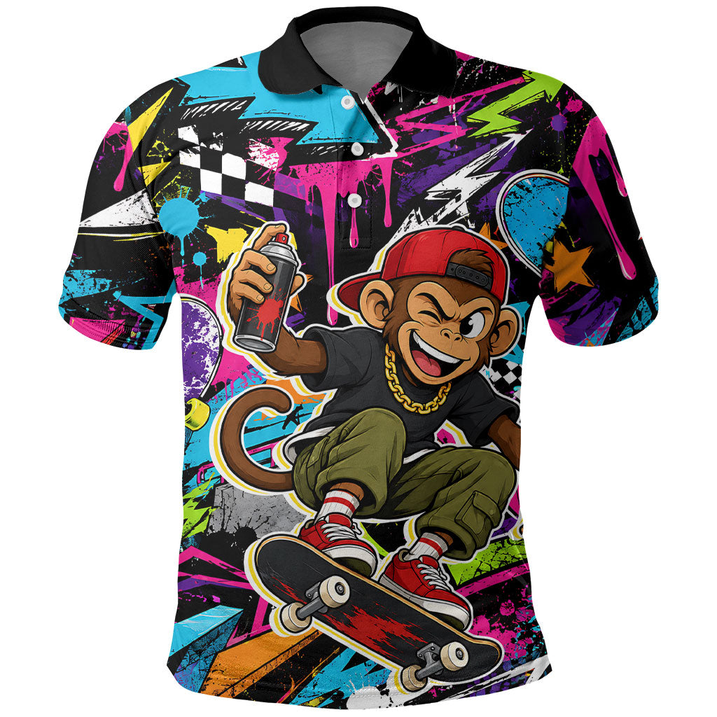 Skateboarding Monkey Polo Shirt Neon Graffiti Spray Paint Urban Streetwear Art