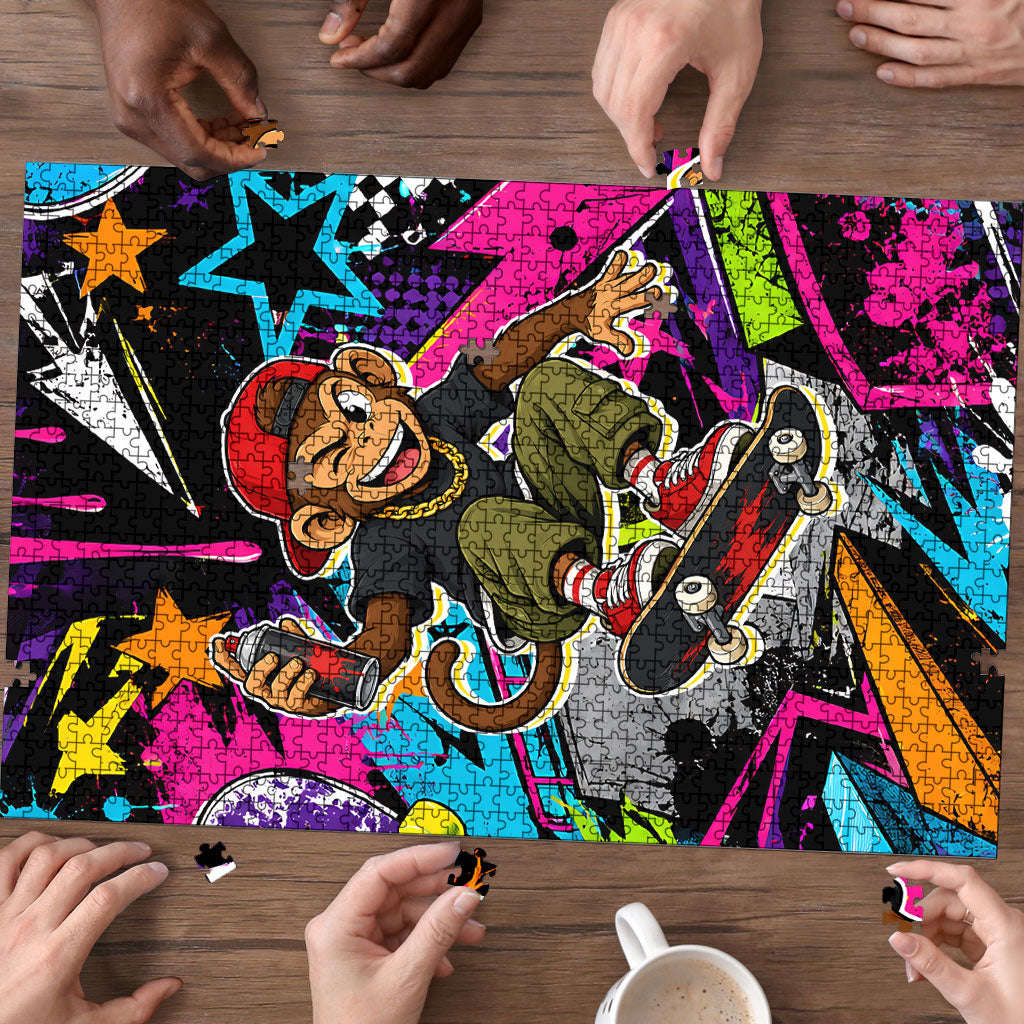 Skateboarding Monkey Puzzle Neon Graffiti Spray Paint Urban Streetwear Art