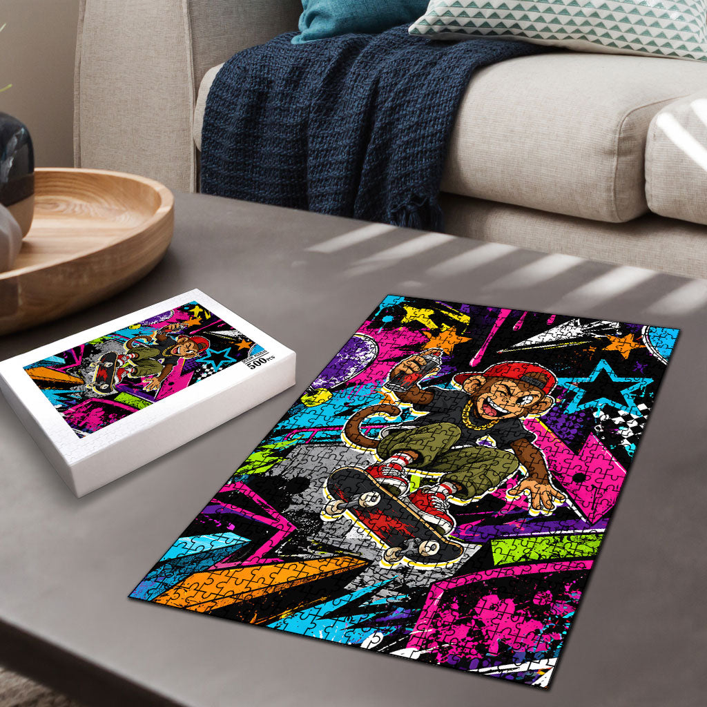 Skateboarding Monkey Puzzle Neon Graffiti Spray Paint Urban Streetwear Art
